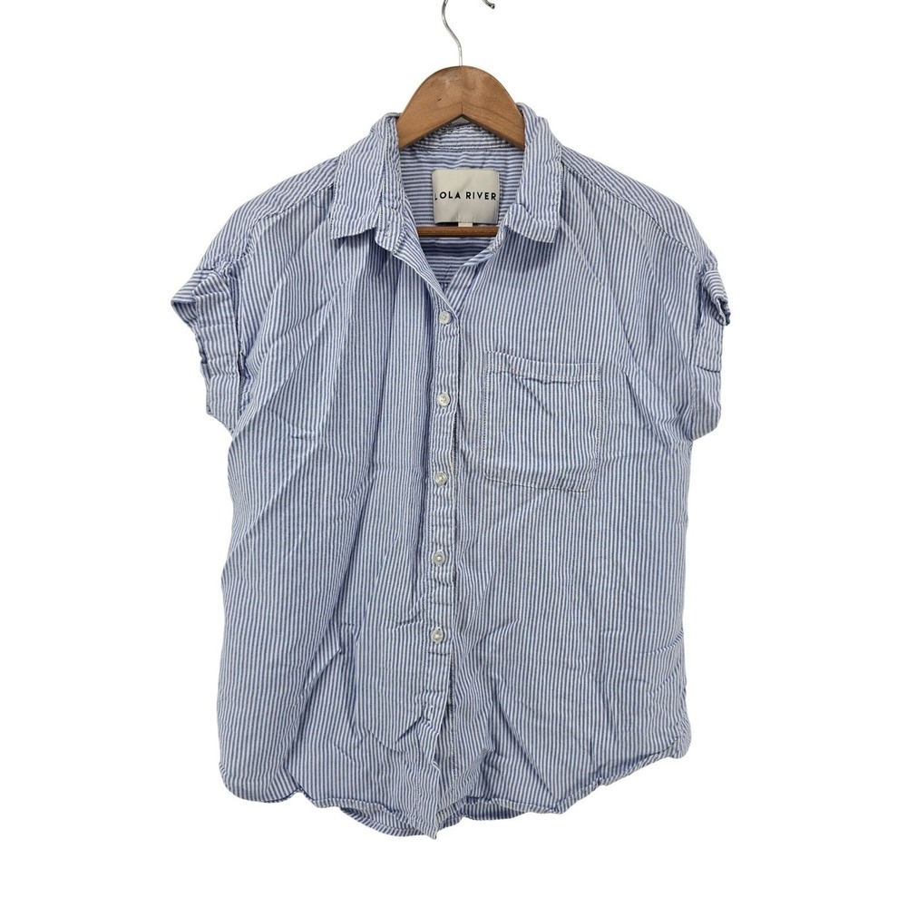 Lola River Button Down Women S Short Sleeve Blue White Striped Tencel EUC
